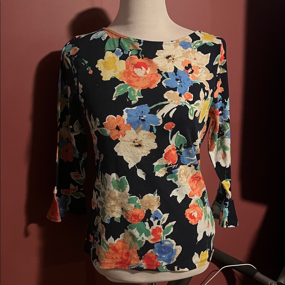 Lauren Ralph Lauren Floral Print Top - Black, Blue, Orange, Cream Size Large